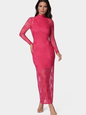 Express Fuchsia Lace Long-Sleeve Maxi Dress